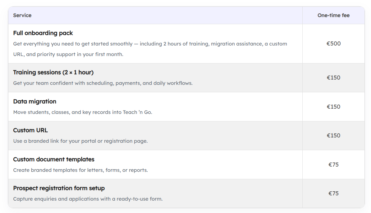 Teach 'n Go pricing page showing student count tiers with dropdown selector