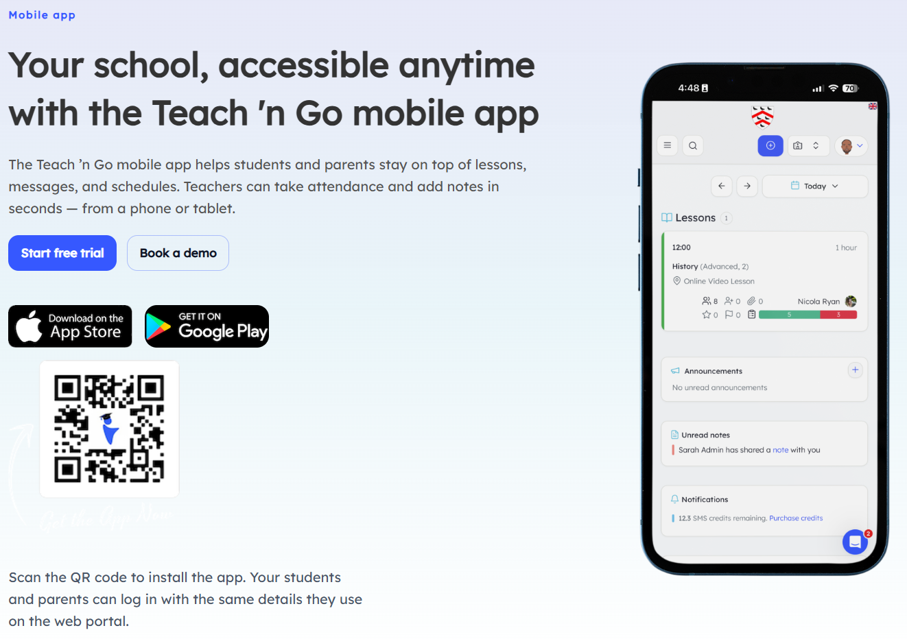 Teach 'n Go — All plans include all features banner with full feature list grid
