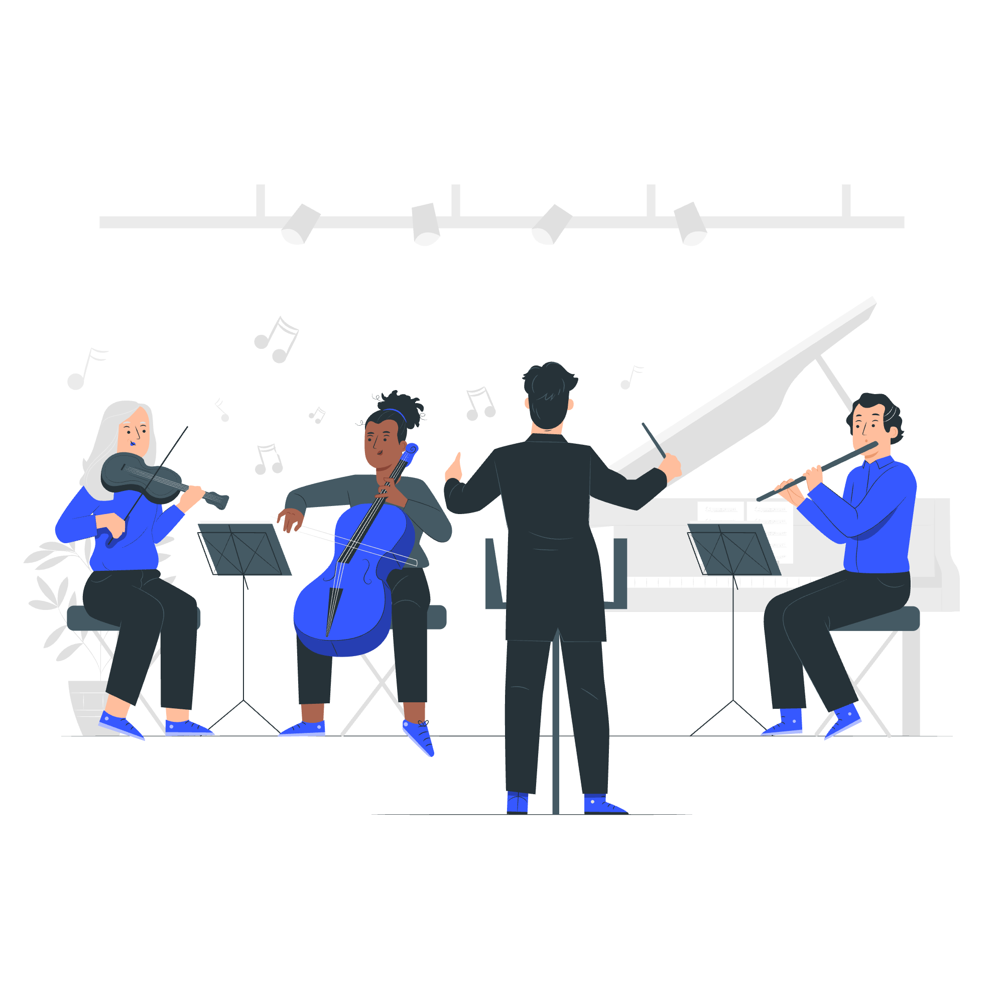 A conductor leading a small ensemble of violin, cello and flute players in a music school