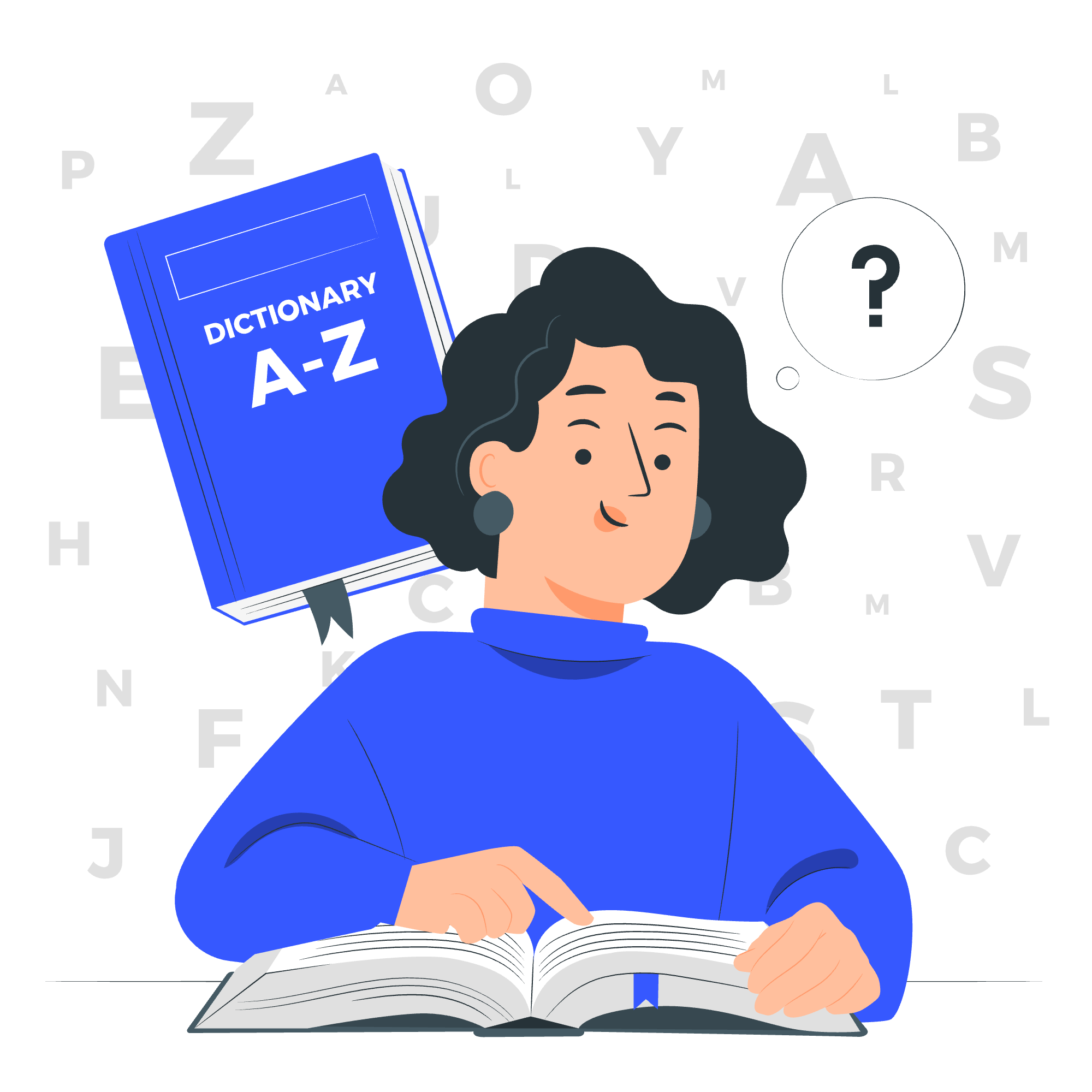 Someone looking up a definition in an A-Z dictionary, surrounded by floating letters