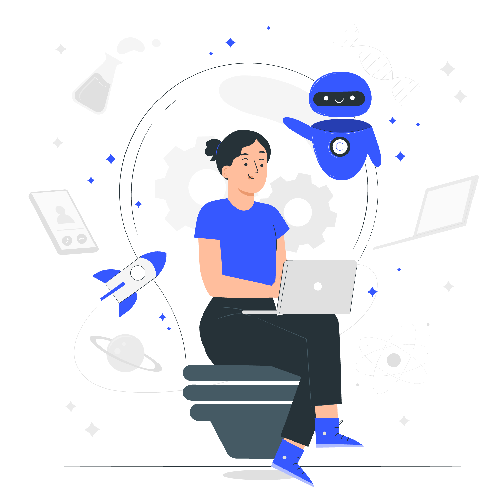 A school administrator working on a laptop with a friendly AI assistant beside her
