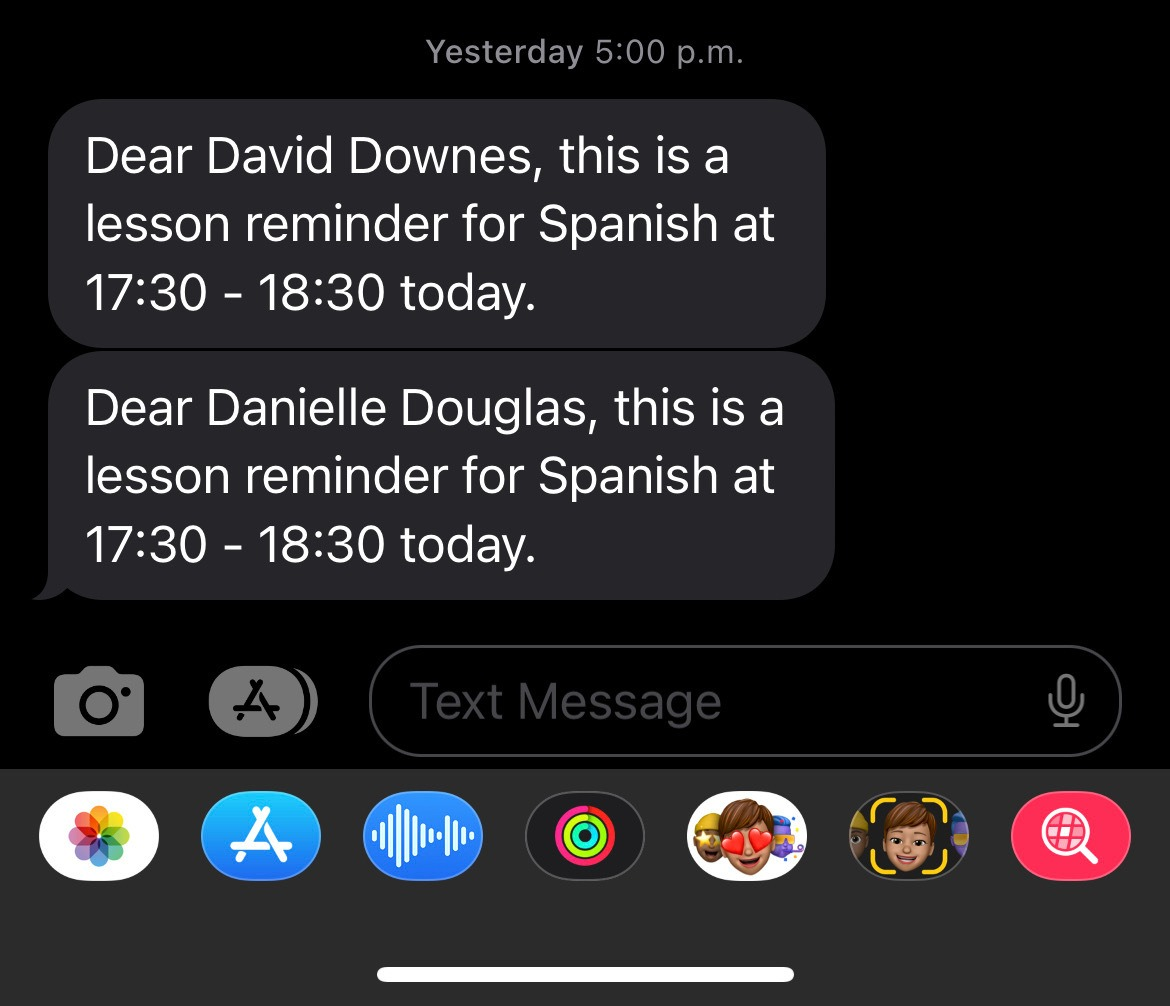 Teach 'n Go SMS lesson reminders screenshot