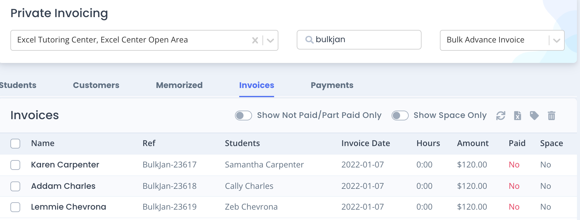 Oases Online private invoicing interface screenshot