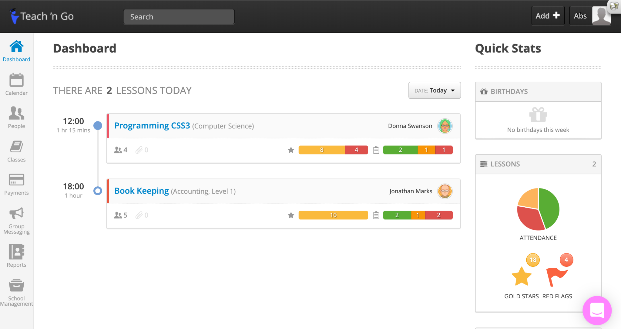 Teach 'n Go dashboard showing today's lessons, attendance chart, and quick stats