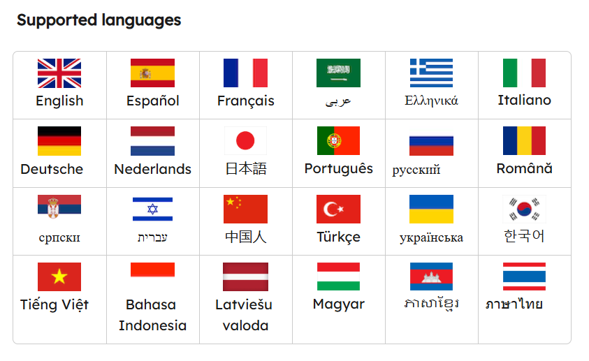 Teach 'n Go Supported languages grid showing 24 flag icons including English, Español, Français, Arabic, Greek, Italian, German, Dutch, Japanese, Portuguese, Russian, Romanian, Serbian, Hebrew, Chinese, Turkish, Ukrainian, Korean, Vietnamese, Indonesian, Latvian, Hungarian, Khmer, Thai