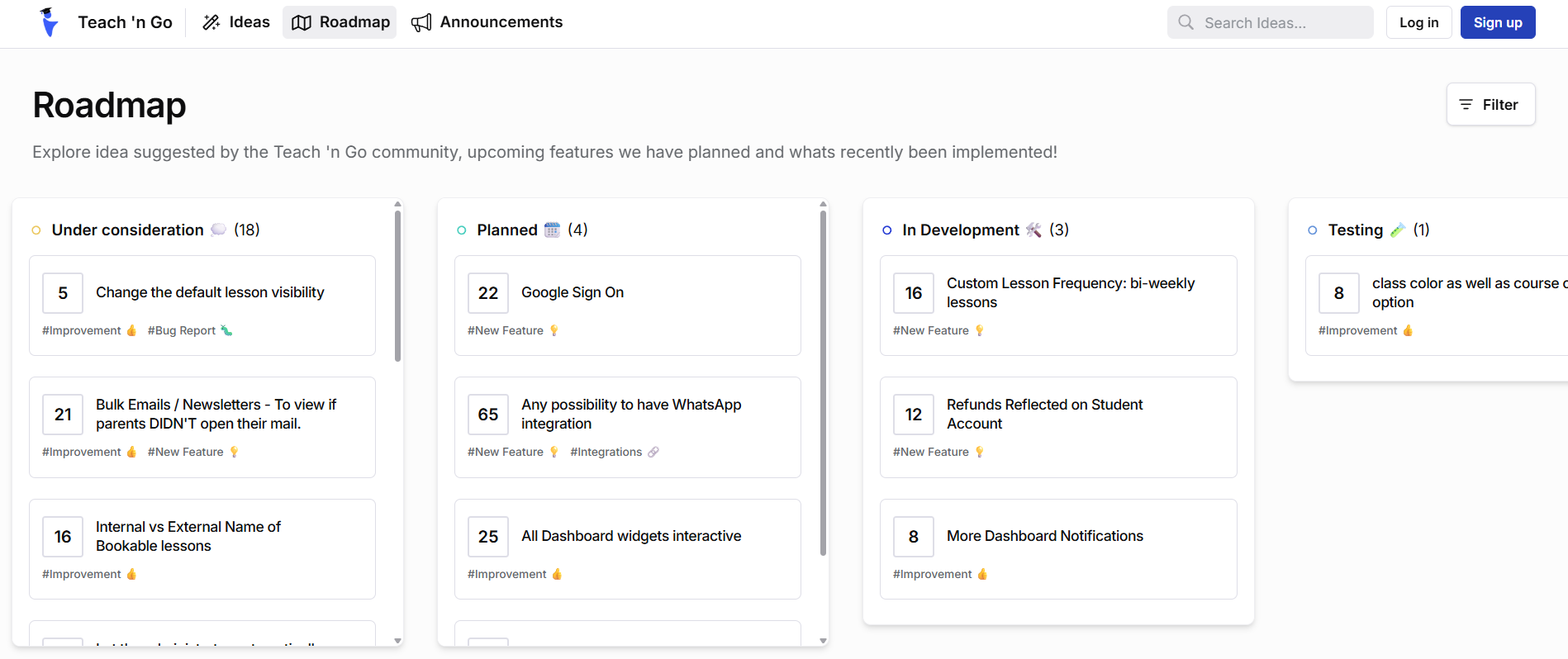 Teach 'n Go public roadmap screenshot