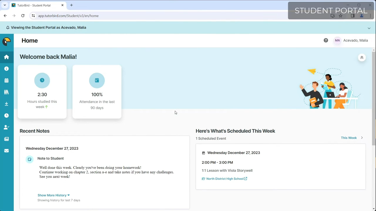 TutorBird student portal screenshot