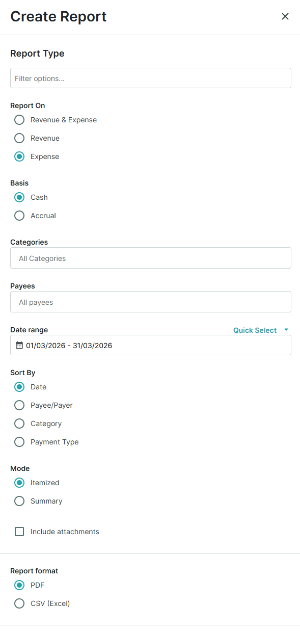 Teach 'n Go Create Report dialog