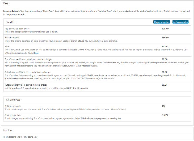 TutorCruncher fees breakdown — fixed and variable fees
