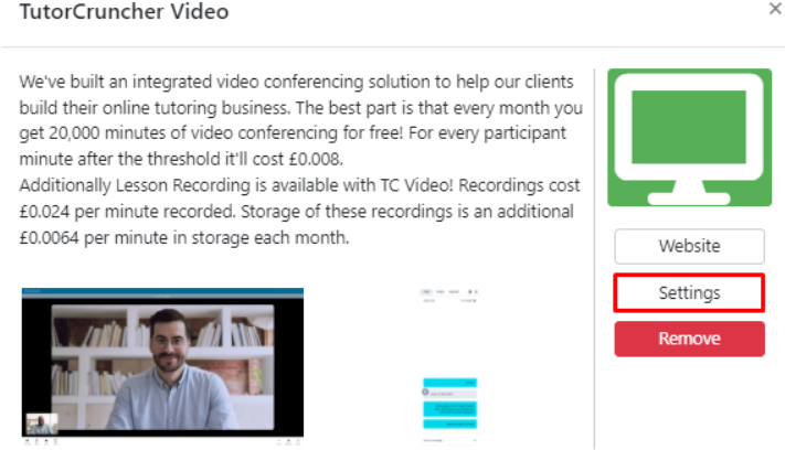 TutorCruncher Video — video conferencing panel with settings