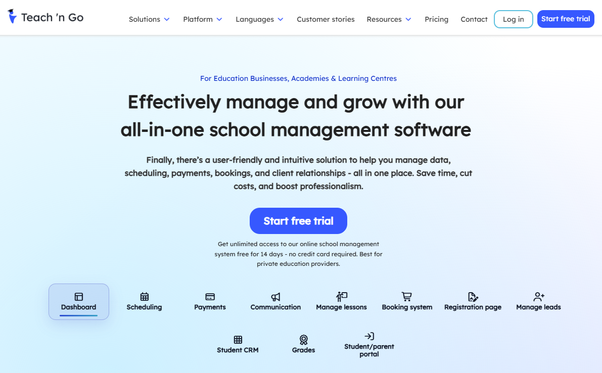 Teach 'n Go homepage — all-in-one school management software