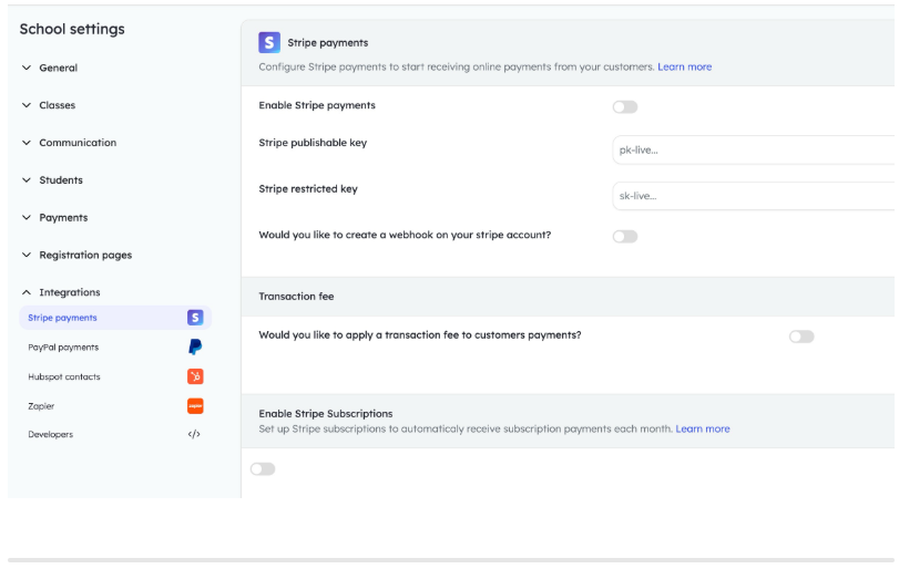 Teach 'n Go Stripe payments integration settings panel